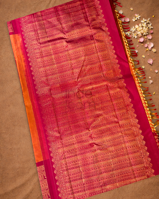 Silk Mark Certified Handloom Kanjivaram Silk Saree | Fire Orange