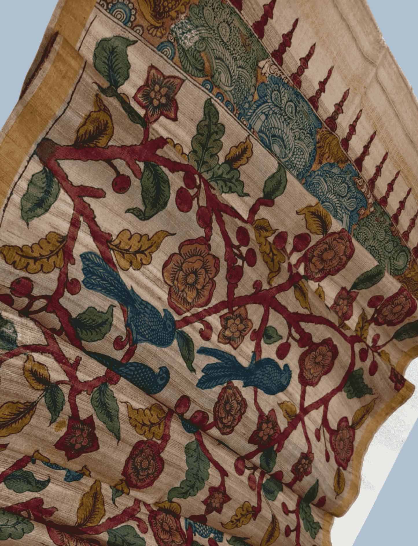 Pen Kalamkari Tussar Silk Dupatta in Pale Brown -020