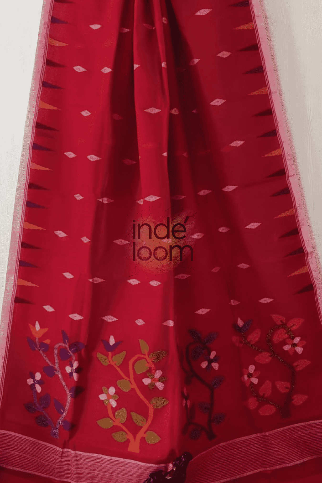 Floral Ruby Red Bengal Pure Cotton Jamdani Saree-018 - indeloom