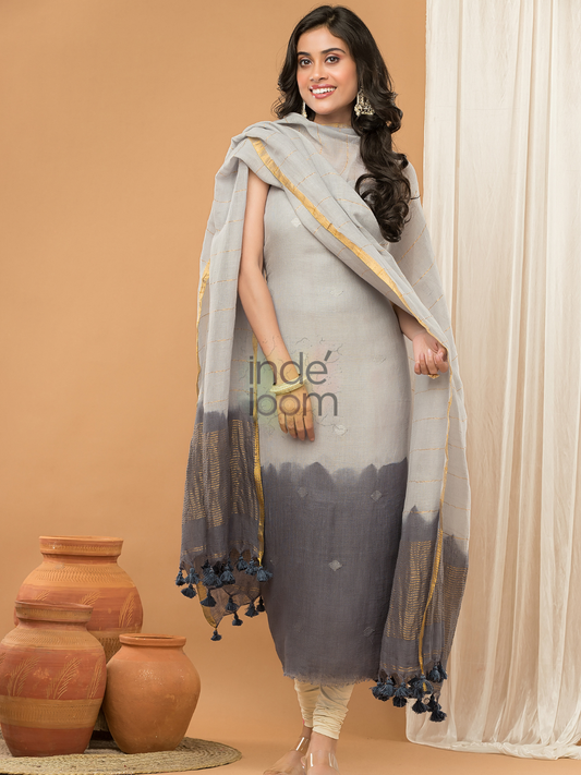 Light Grey | Handloom Jamdani Linen Unstitched 2-Piece Kurti | Ombre Design
