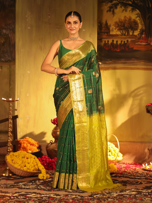 Pure Handloom Korvai Saree | Teal Peacock and Dark Green