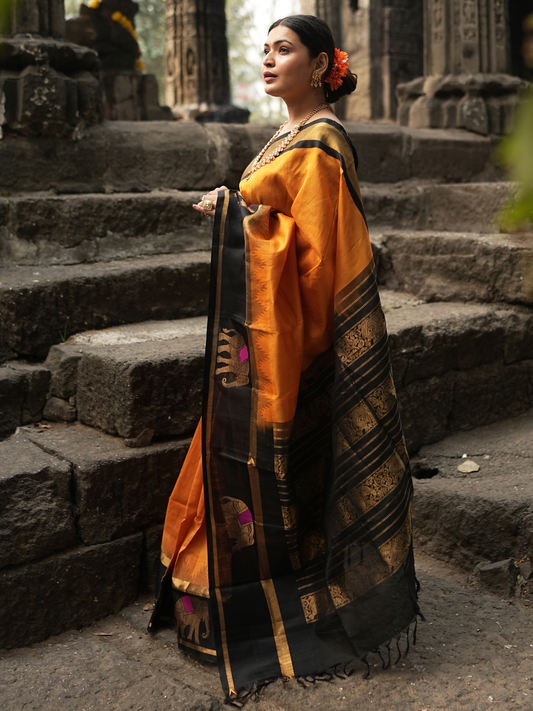 Pure Handloom Korvai Saree | Honey Yellow and Coal Black