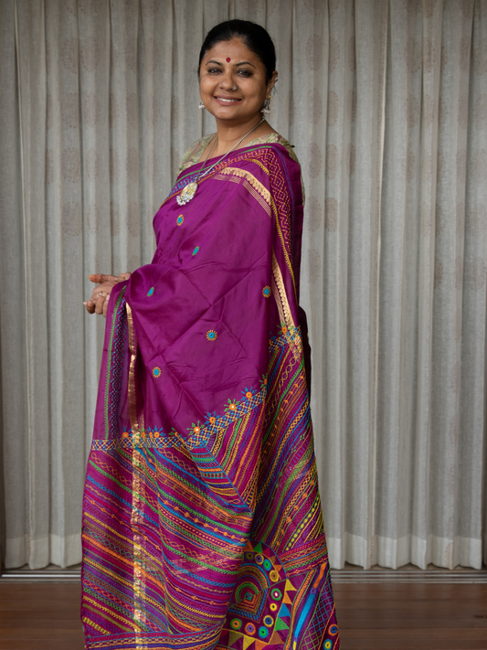 Wine Purple Ilkal Lambani Hand Embroidery Saree -053