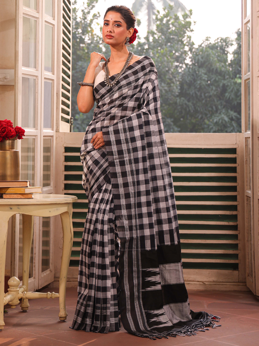 Pure Ilkal Saree in Black and White Checks - 006