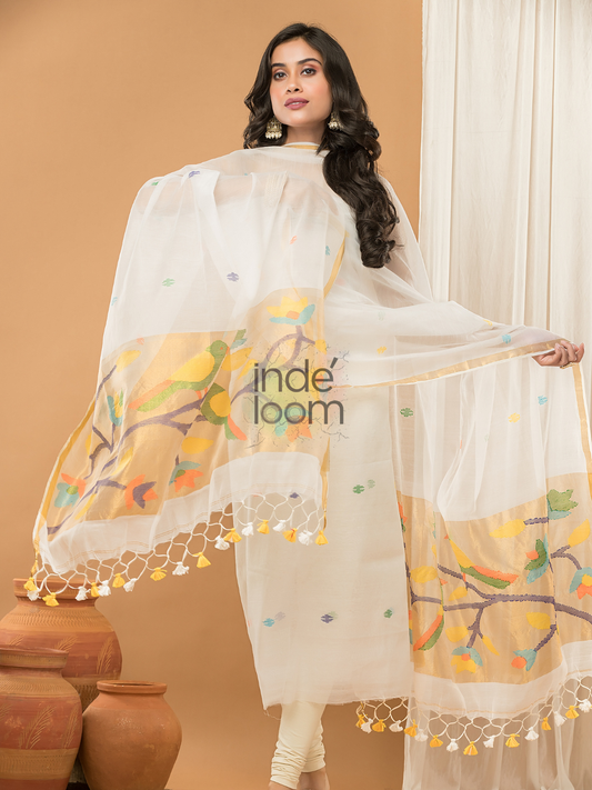 Handwoven Jamdani Muslin Unstitched 2-piece Kurti | Snow White