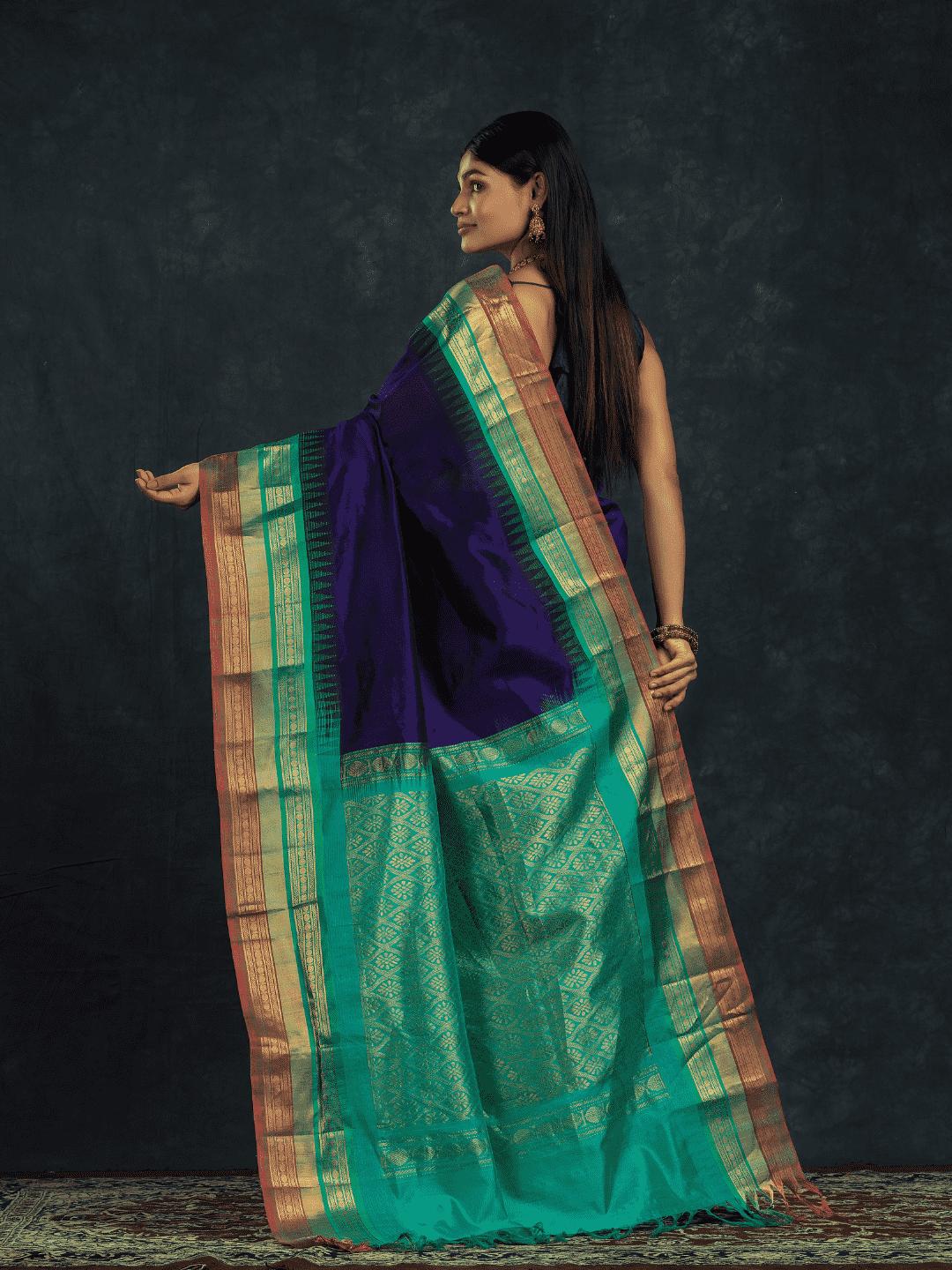 Pure Handloom Korvai Silk Cotton Saree in Rich Sapphire Blue and Teal Moss with Golden temple Border - 138