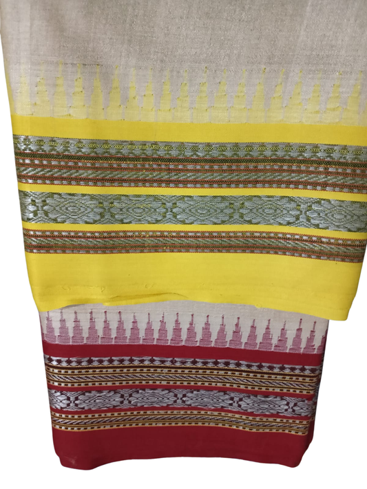 Lemon Yellow and Red Handloom Vidarbha Tussar Silk Saree with Multicolor Contrast Border -011