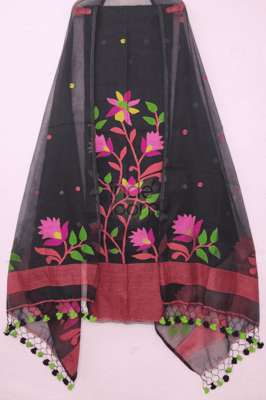 Deep Black | Handloom Jamdani Muslin Unstitched 2-Piece Kurti