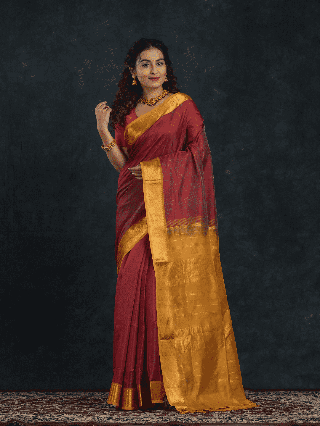 Pure handloom Korvai Silk Cotton Saree in Chilli Red and Golden Yellow Border- 023