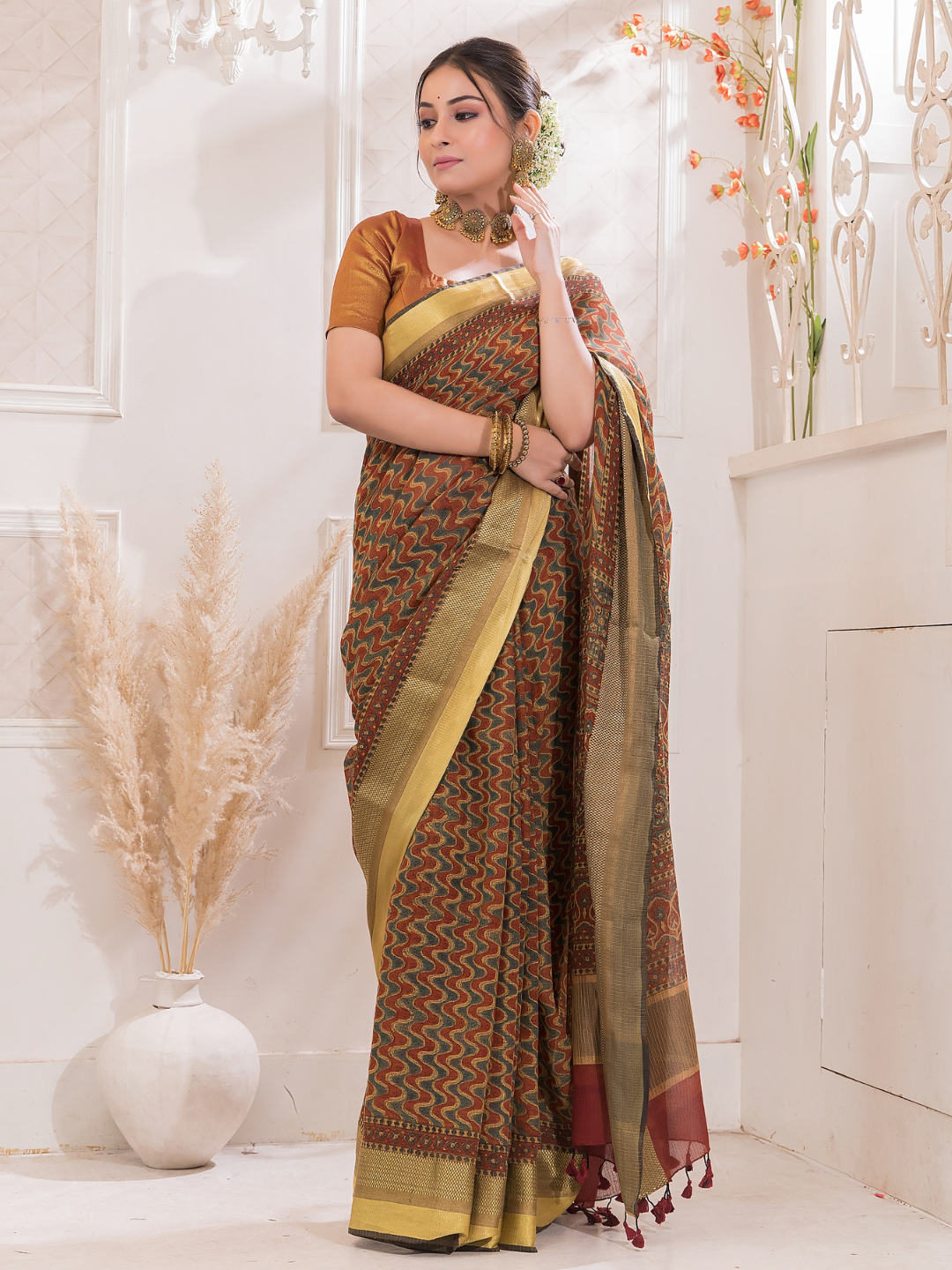 Exclusive Handblock Printed Ajrakh Modal Silk Saree | Espresso Brown