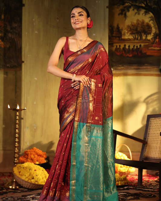 Pure Handloom Korvai Saree | Maroon and Teal Peacock