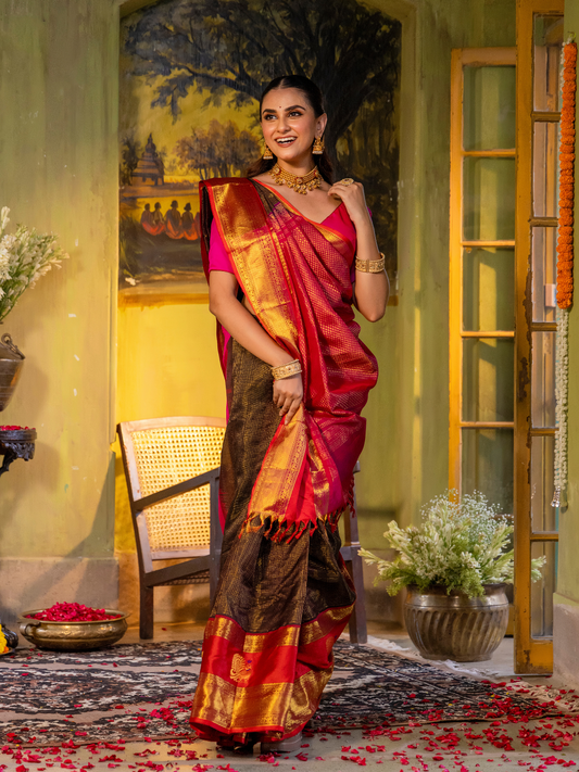 Pure Handloom Korvai Saree | Teal Blue and Golden Yellow