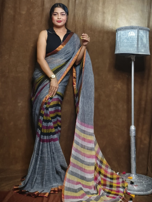 Pure Handloom Linen Saree | Slate Grey