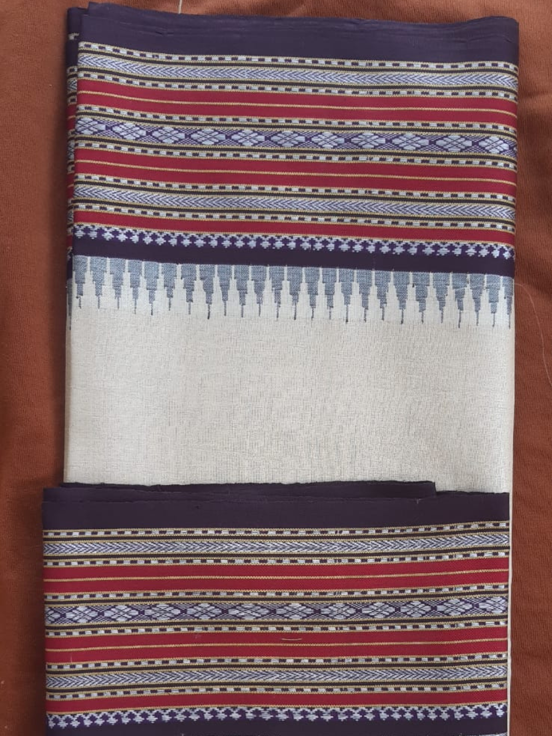 Beige & Wine purpule Handloom Vidarbha Tussar Silk Saree with Multicolor Contrast Border -064