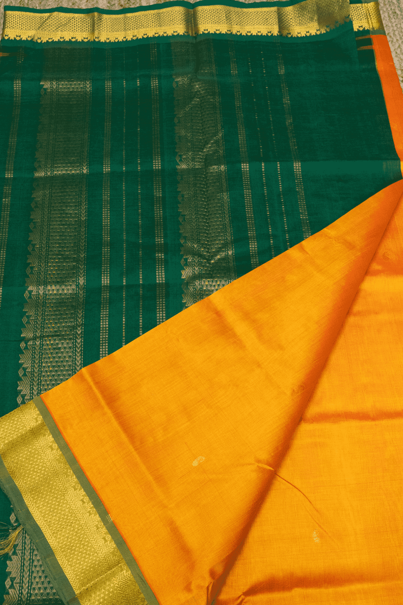 Pure Handloom Korvai Silk Cotton Saree in Sun Yellow Green Border with small buttas - 140