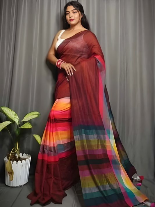 Pure Handloom Linen Saree | Wine Red