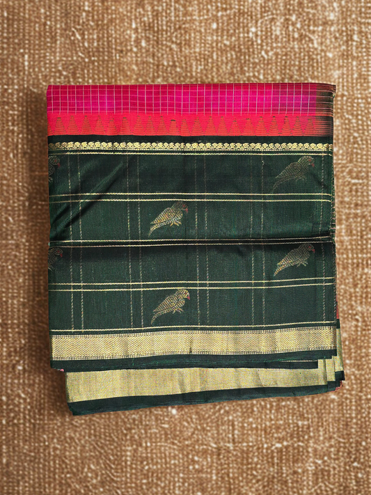 Pure Handloom Korvai Saree | Deep Pink and Dark Green