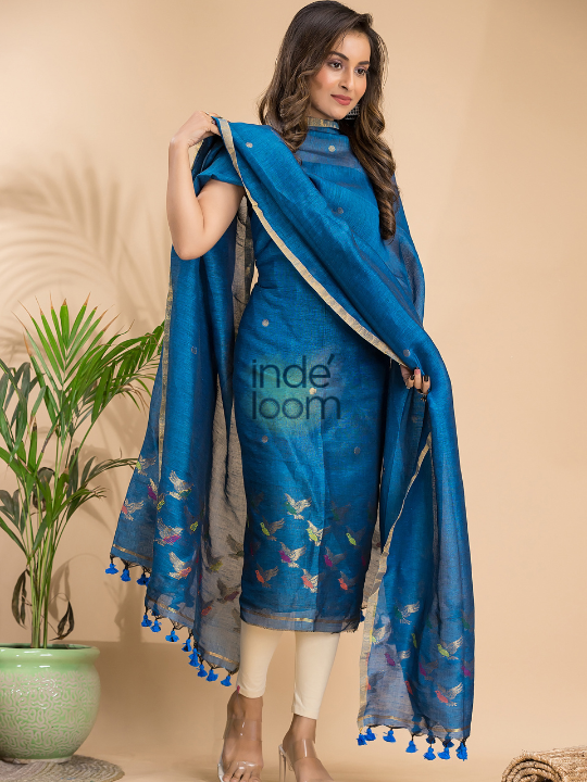 Handwoven Jamdani Cotton Linen Unstitched 2-piece Kurti | Steel Blue
