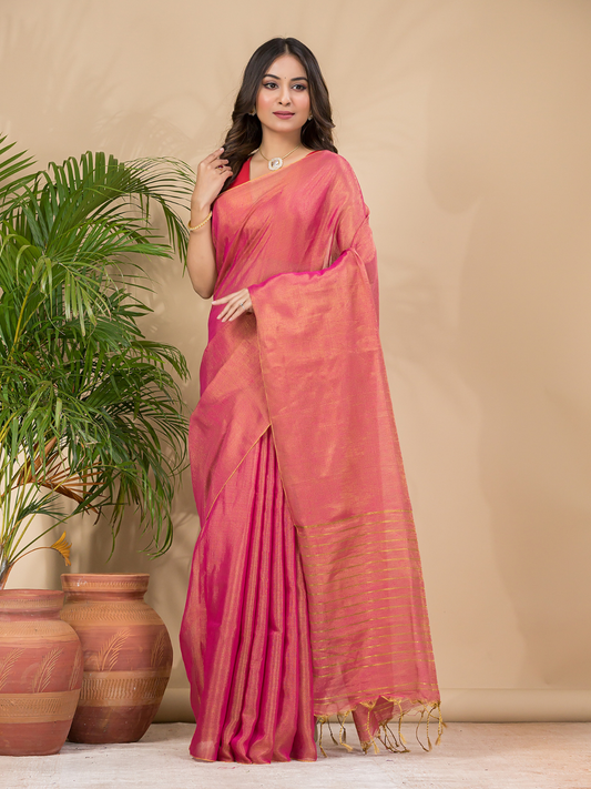 Tissue Linen Handloom Saree With Peach Pink - 023
