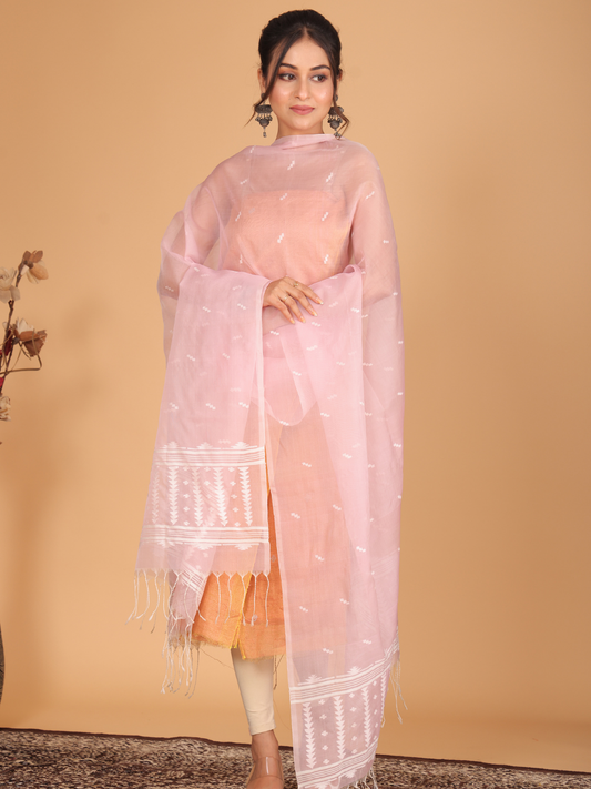 Handwoven Muslin Jamdani Dupatta | Baby Pink