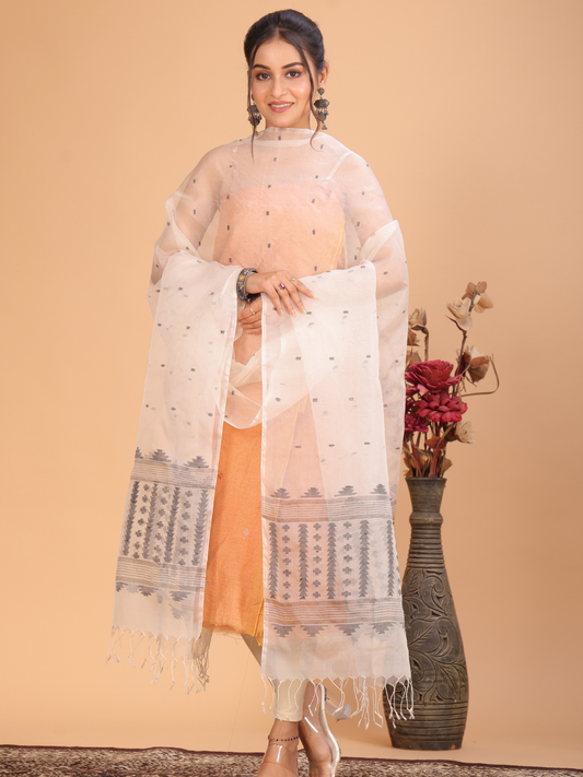 Handwoven Muslin Jamdani Dupatta | Ivory White