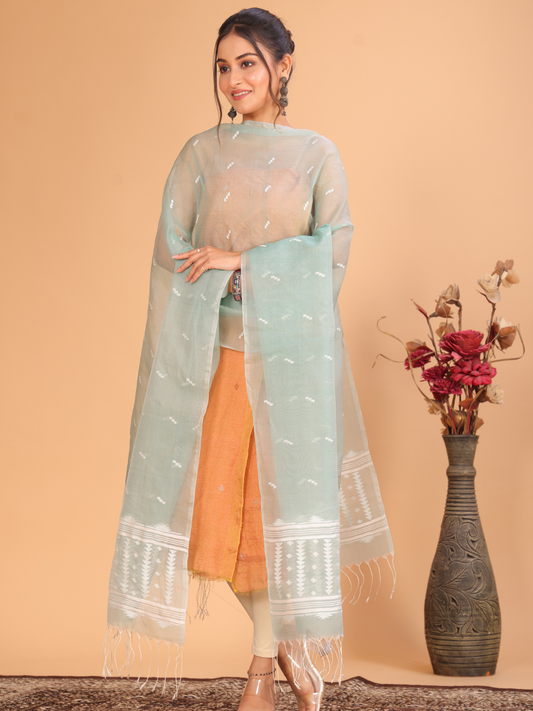Handwoven Muslin Jamdani Dupatta | Sage Green