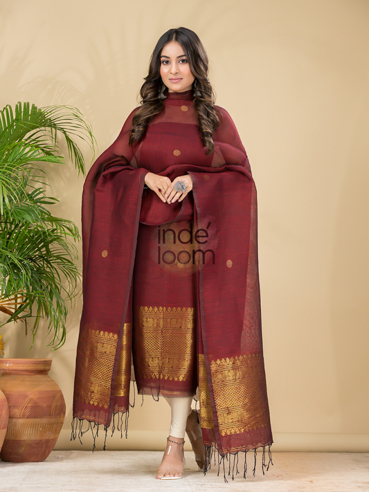 Mahogany Wine | Handloom Jamdani Muslin Unstitched 2-Piece Kurti | Classic Design