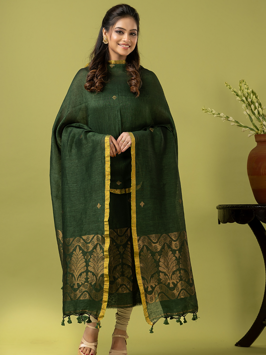 Handwoven Jamdani Linen Unstitched 2-piece Kurti | Forest Green