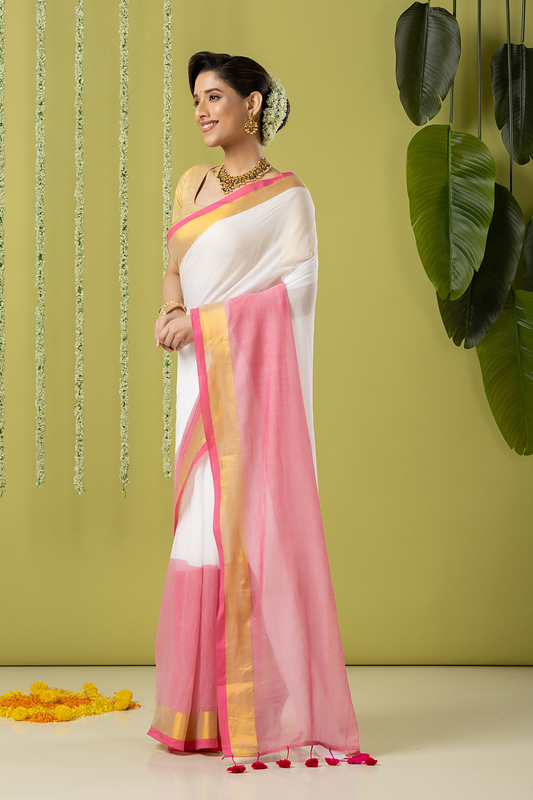 Pure Handloom Cotton Saree | White and Pink | Plain Body with Ribbon border