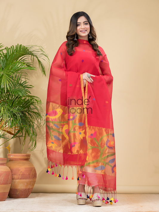 Cherry Flame | Handloom Jamdani Muslin Unstitched 2-Piece Kurti | Paithani Design