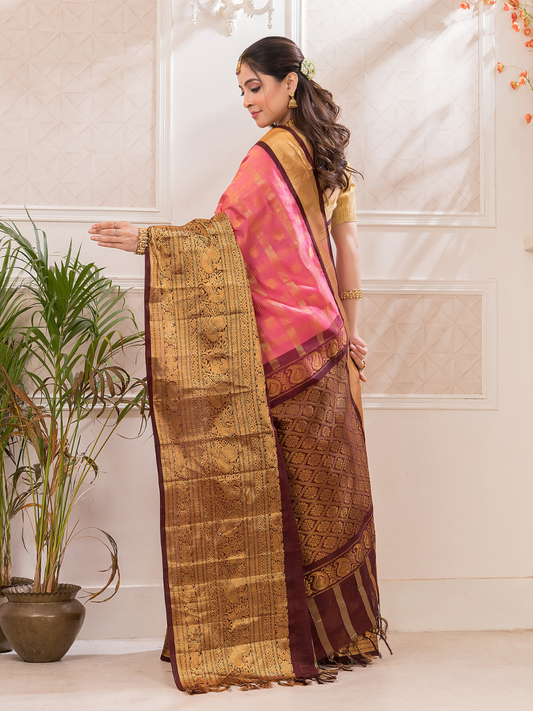 Swarna  -  Ivory silk with golden floral vine and temple border