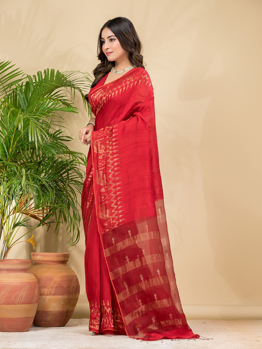 Matka Silk Jamdani Saree With Classic Red - 023