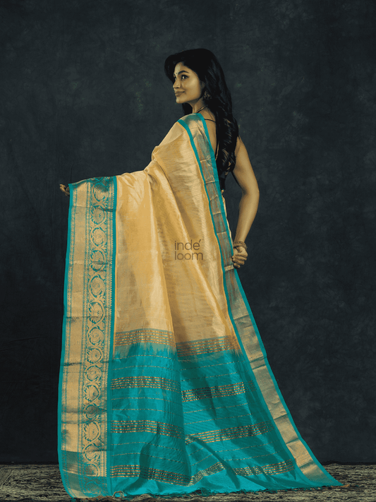 Pure Handloom Korvai Saree | Light Yellow and Blue