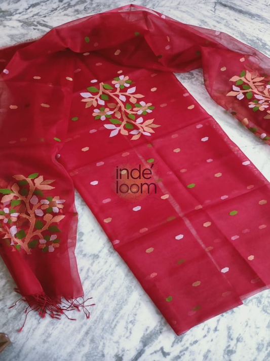 Firebrick | Handloom Jamdani Muslin Unstitched 2-Piece Kurti