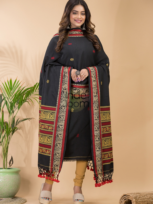 Handwoven Jamdani Linen Unstitched 2-piece Kurti | Midnight Black