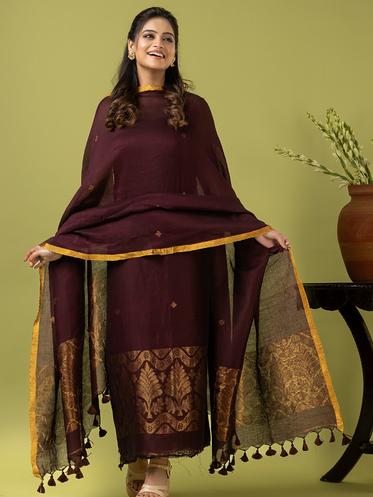 Handwoven Jamdani Linen Unstitched 2-piece Kurti | Deep Plum