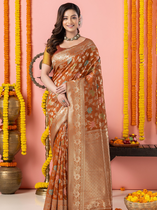 Classic Benarasi Katan Semi Silk Saree | Copper Brown