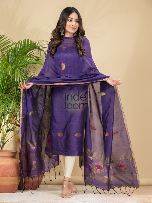 Indigo Purple | Handloom Jamdani Cotton Unstitched 2-Piece Kurti | Benaras Design