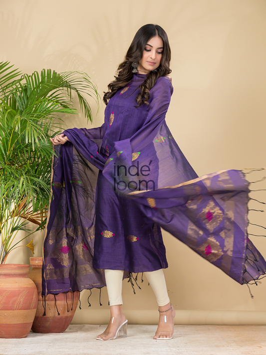 Indigo Purple | Handloom Jamdani Cotton Unstitched 2-Piece Kurti | Benaras Design