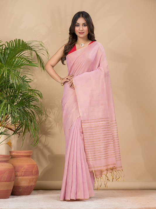 Tissue Linen Handloom Saree With Pastel Pink - 025