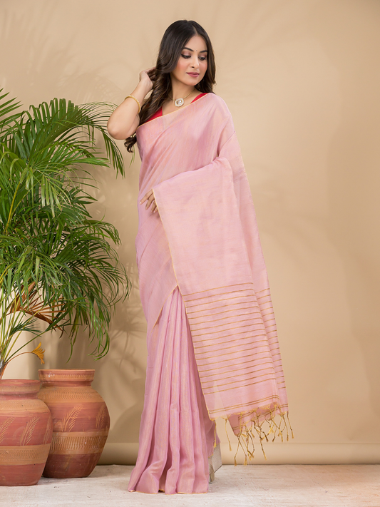 Tissue Linen Handloom Saree With Pastel Pink - 025