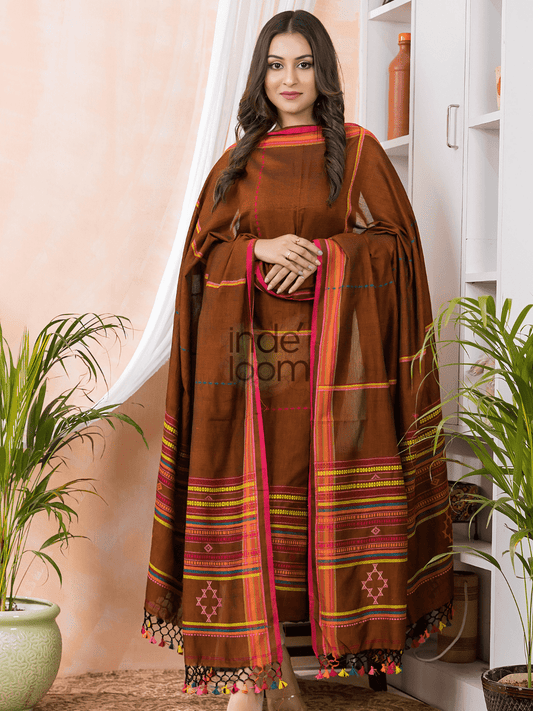 Terracotta Brown | Handloom Jamdani Muslin Unstitched 2-Piece Kurti | Bhujodi Design