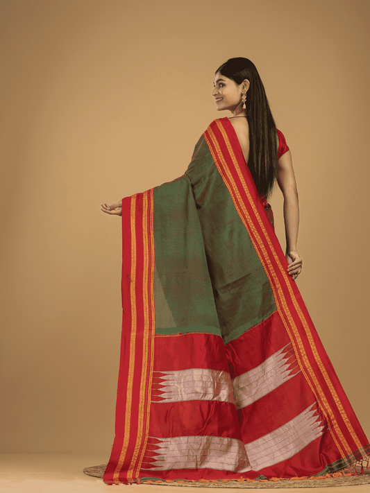 Pure Ilkal Saree With Pine Green and Red Border- 050