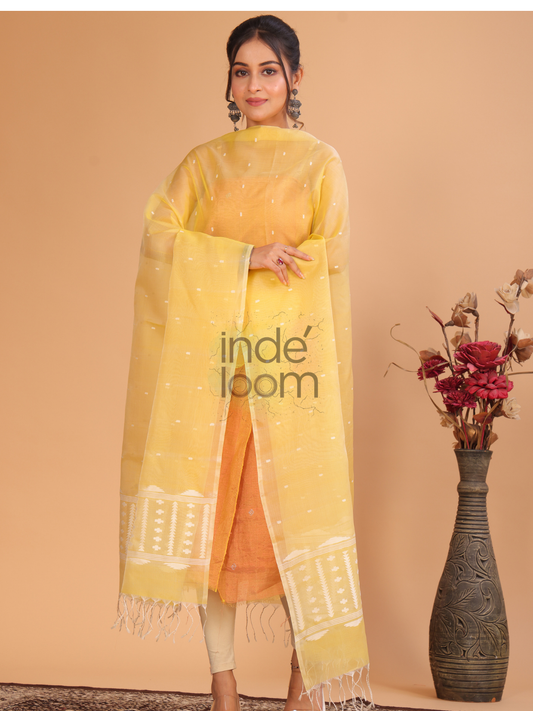 Pure Handloom Muslin Jamdani Dupatta With Mango Yellow - 010