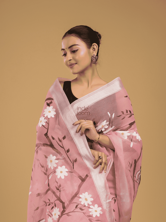 Kota Doria Handpainted Saree With Baby Pink - 005 - indeloom