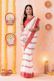 Durga Puja Saree with Horizontal Lines and Red Border.-036 - indeloom