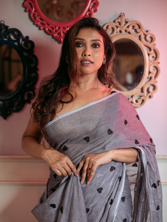 Handloom Mul Cotton Saree Smokey Black Hearts - 063