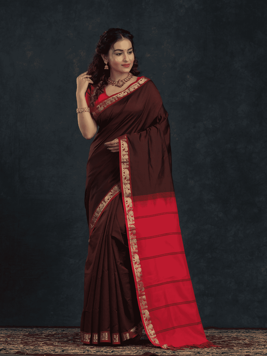 Pure Handloom Korvai Silk Cotton Saree in Red and Brown Border - 147