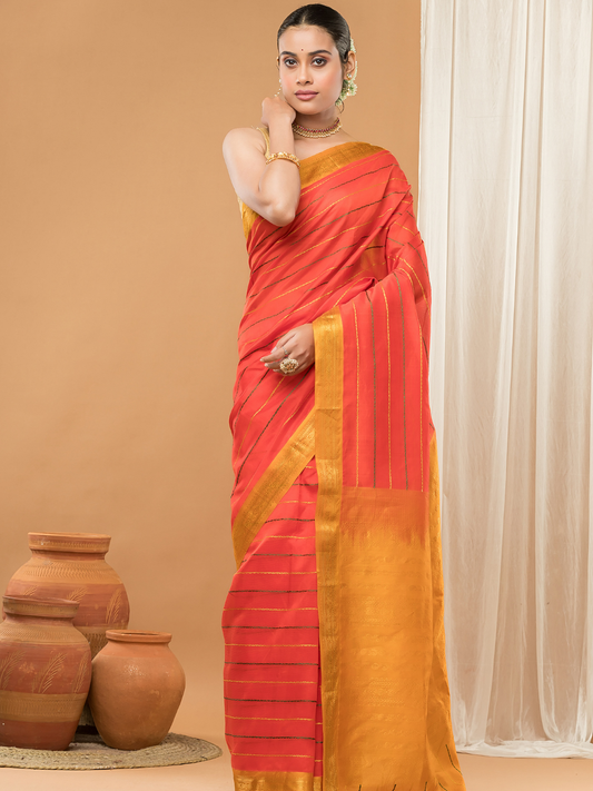 Pure Handloom Korvai Saree |Vivid Orange With Gold Broder