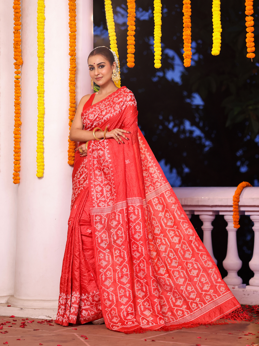 Tussar Silk Jamdani Saree With Classic Red - 111